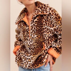 J.O.A. Faux Fur Leopard Half Zip Pullover Jacket